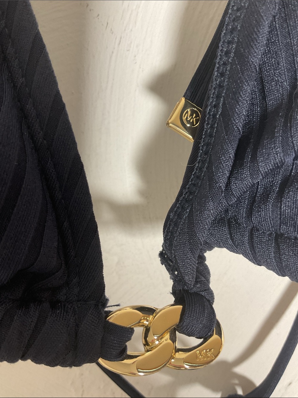 MICHAEL Michael Kors Ribbed Gold Chain Triangle Bikini Set Size S Navy - Picture 4 of 13